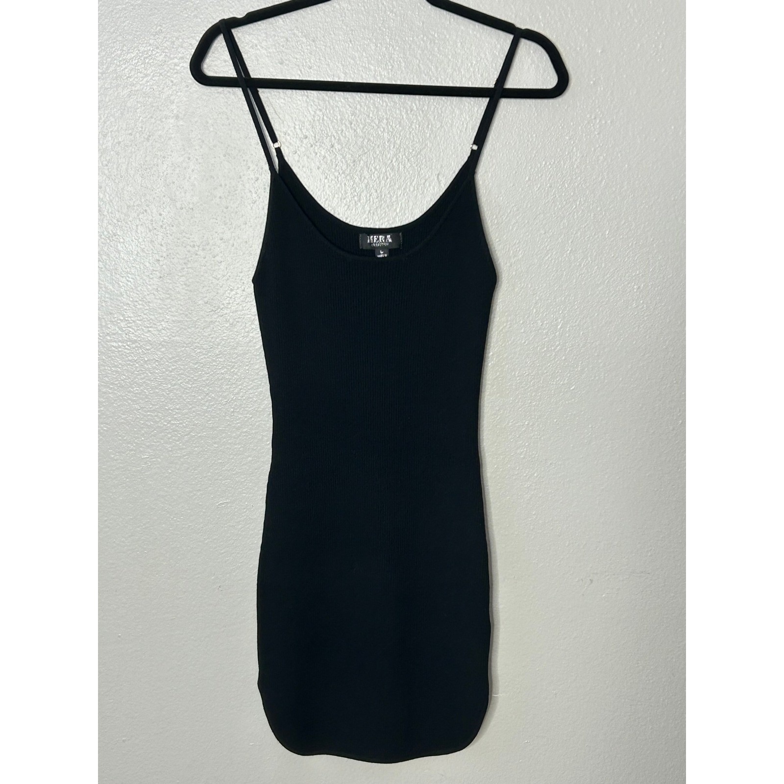 Hera Collection Black Ribbed Knit Mini Dress Scoop Neck Spaghetti Strap Size L